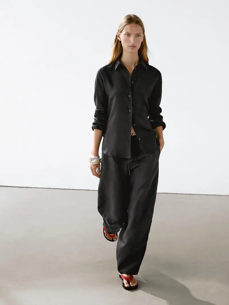 Pantaloni Barrel Morbidi In Misto Lino - Nero - (It 46) - Massimo Dutti - Femminile