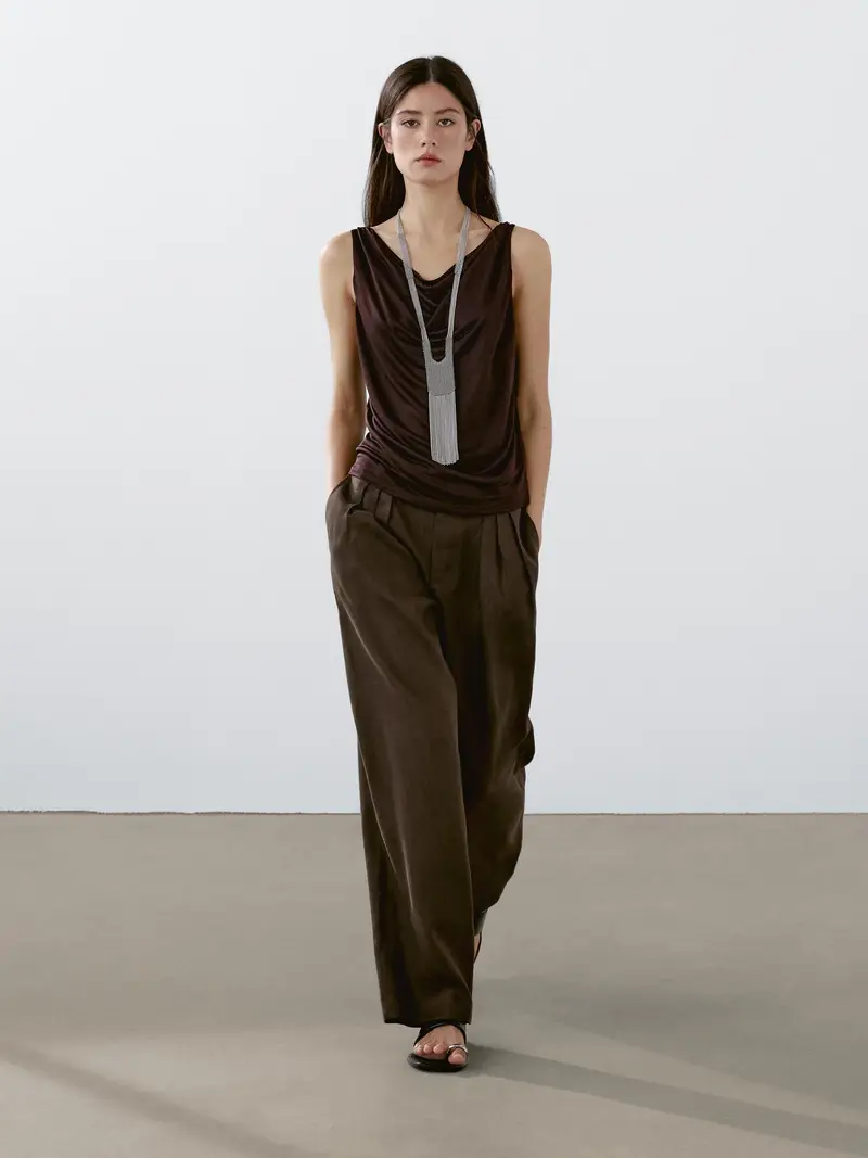 Pantaloni Con Tripla Pince 100% Lino - Cioccolato - (It 46) - Massimo Dutti - Femminile