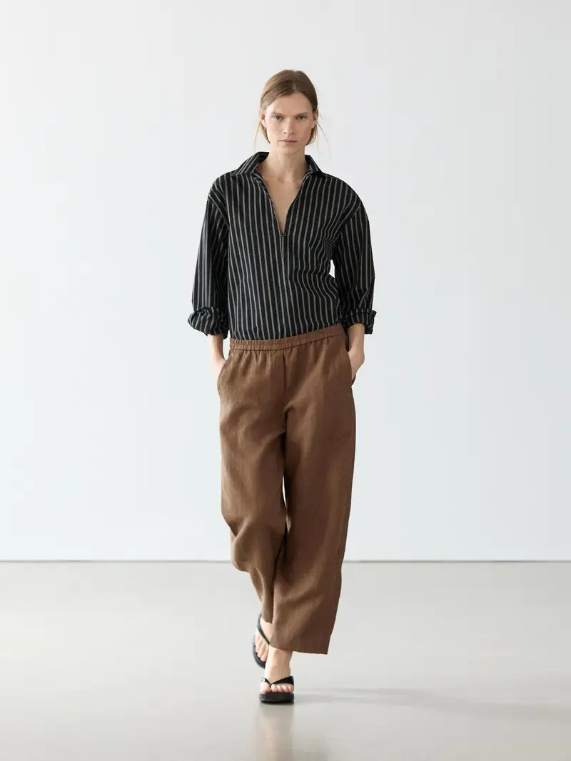 Pantaloni In Lino Con Dettaglio Elastico In Vita - Marrone - (It 44) - Massimo Dutti - Femminile