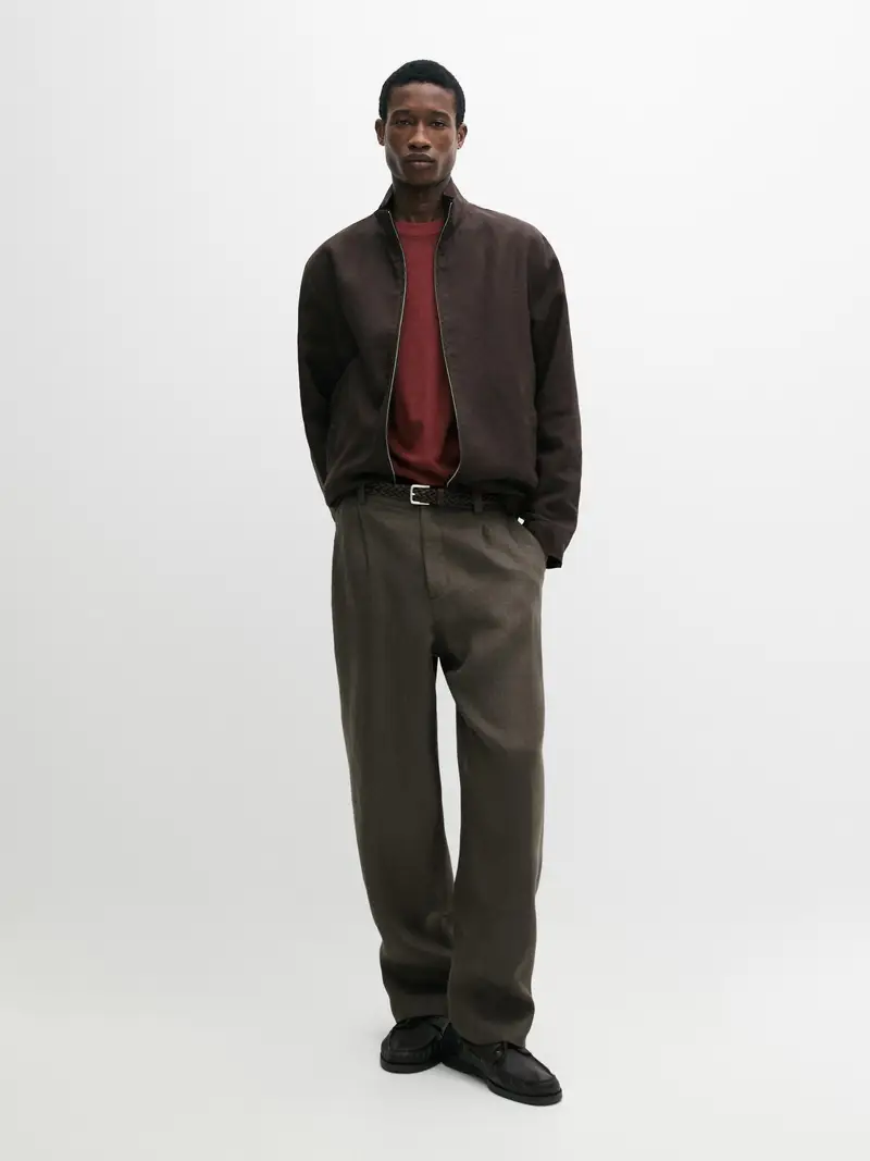 Pantaloni Lino Motivo A Spina Di Pesce - Verde - - Massimo Dutti - Maschile