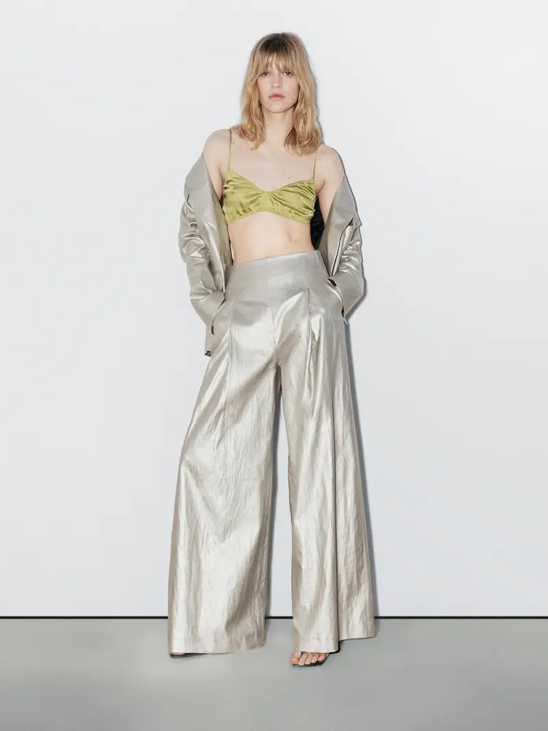 Pantaloni Metallizzati In Misto Lino - Studio - Argento - (It 46) - Massimo Dutti - Femminile