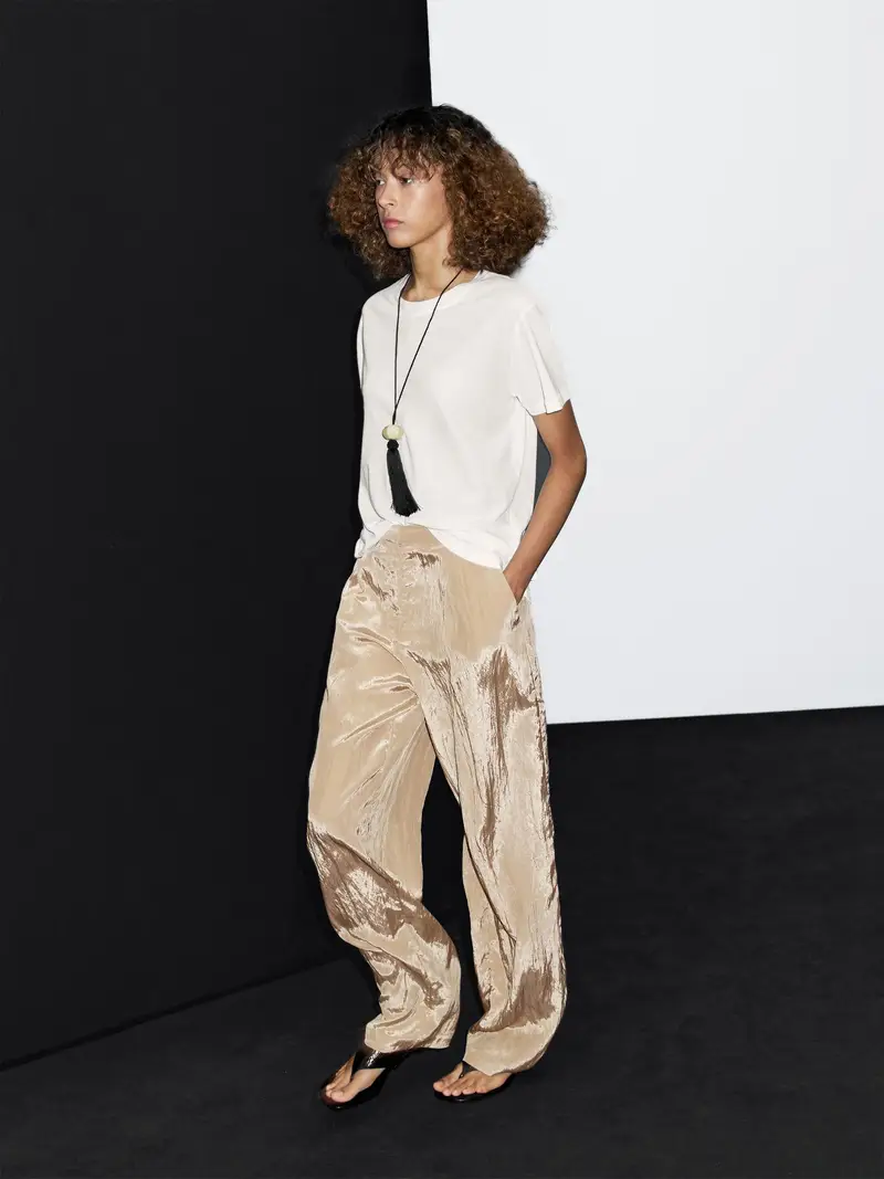 Pantaloni Satinati Testurizzati - Champagne - (It 44) - Massimo Dutti - Femminile