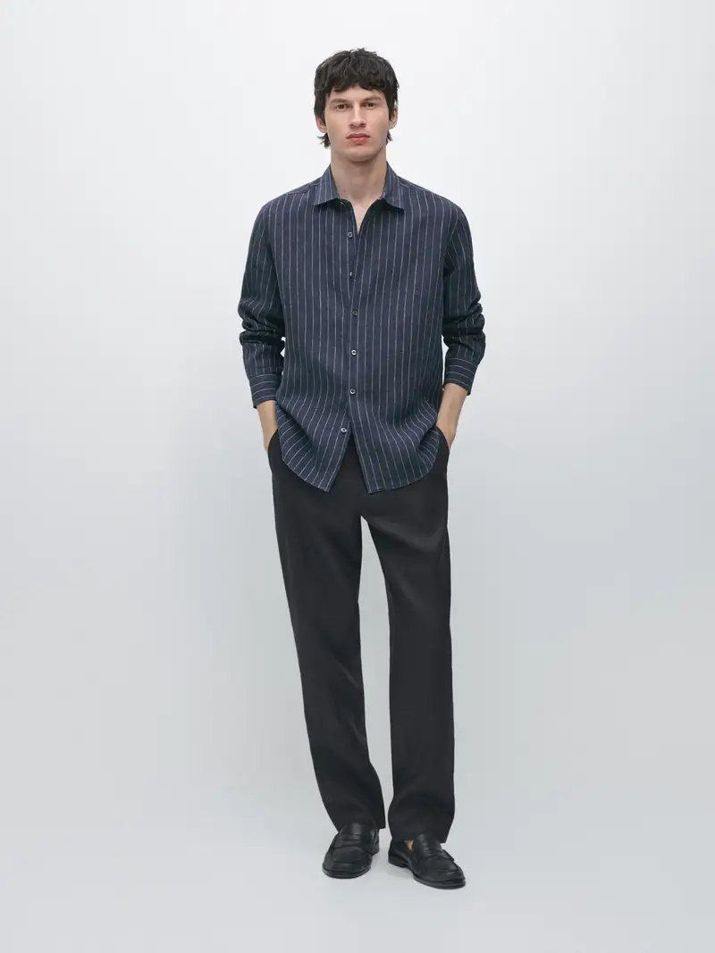 Pantaloni Tapered Fit In Lino - Blu Marino - - Massimo Dutti - Maschile