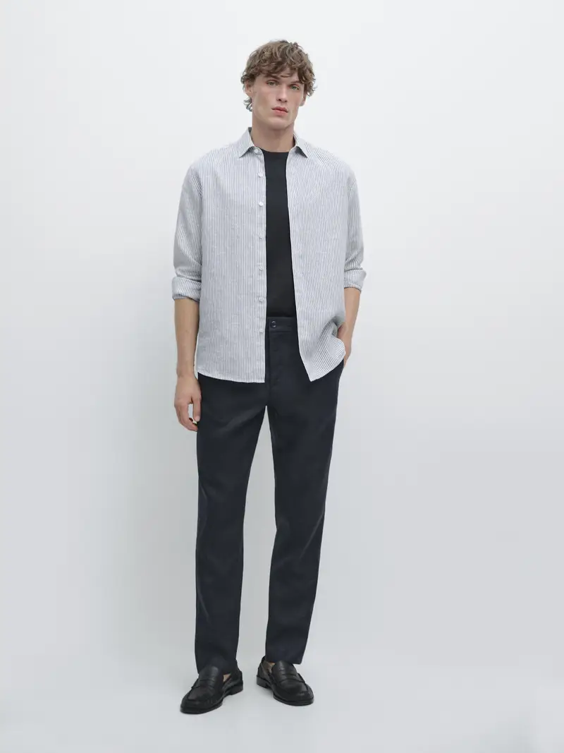 Pantaloni Tapered Fit In Lino - Blu Marino - - Massimo Dutti - Maschile