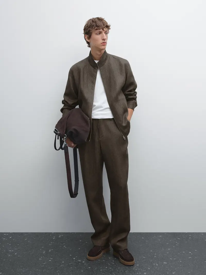 Pantaloni Total Look In Lino Délavé - Marrone - - Massimo Dutti - Maschile