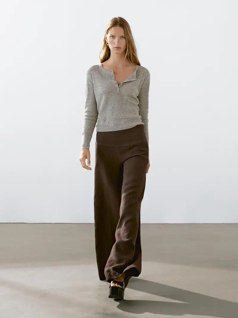 Pantaloni Wide Leg A Vita Alta In Lino - Marrone - (It 44) - Massimo Dutti - Femminile