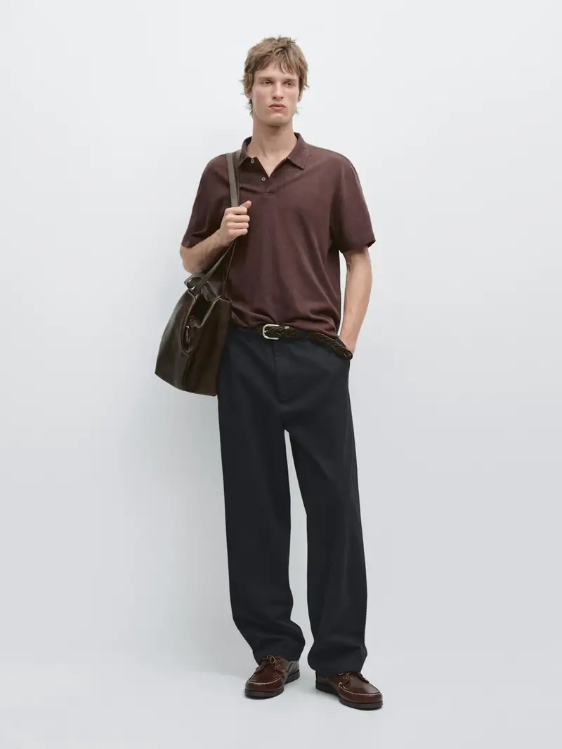 Polo A Maniche Corte In Lino E Cotone - Bordeaux - - Massimo Dutti - Maschile