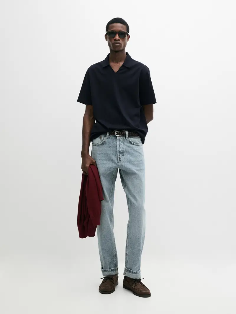 Polo Scollo A V Cotone - Blu Marino - - Massimo Dutti - Maschile