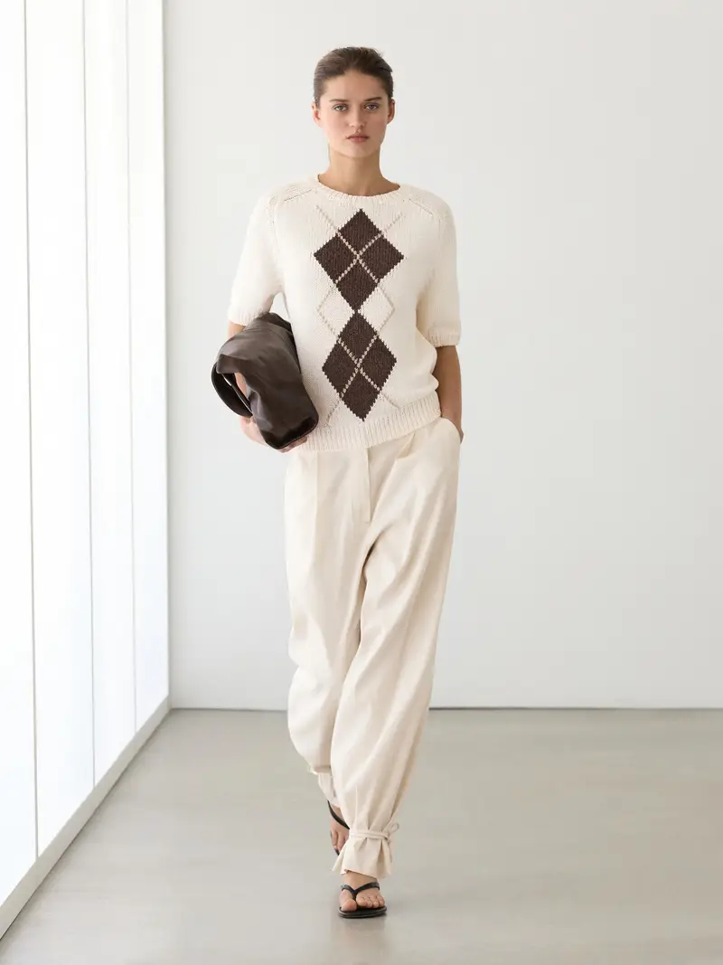 Pullover In Maglia A Maniche Corte Con Motivo A Rombi - Ecru - - Massimo Dutti - Femminile