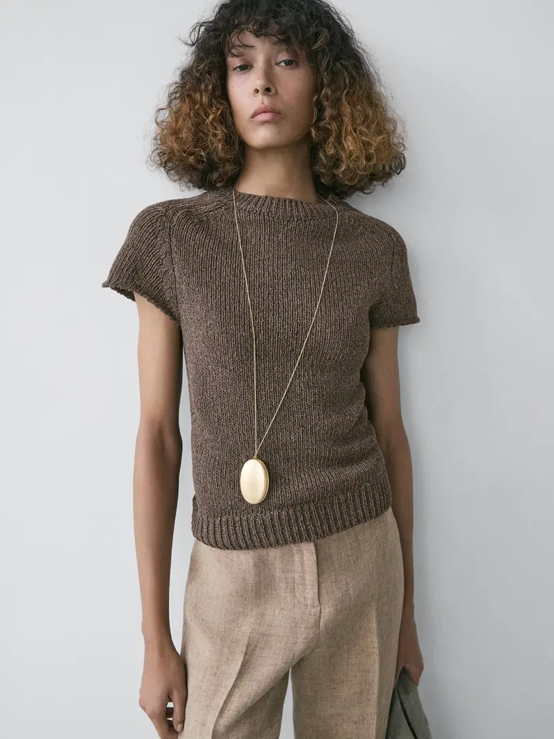 Pullover In Maglia A Maniche Corte - Marrone - - Massimo Dutti - Femminile