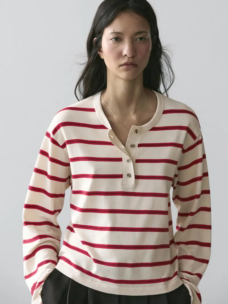 Pullover In Maglia A Righe Con Collo Serafino In Cotone - Rosso - - Massimo Dutti - Femminile