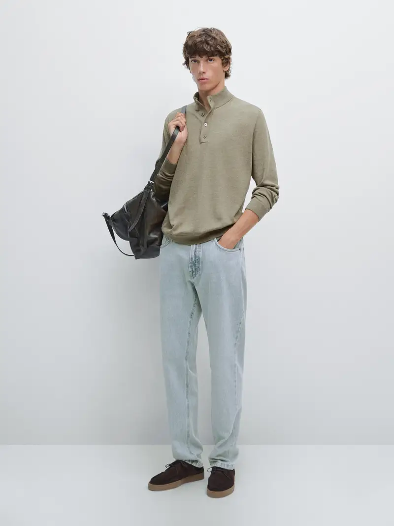 Pullover In Maglia Con Collo Mock Abbottonato - Verde Acqua - - Massimo Dutti - Maschile