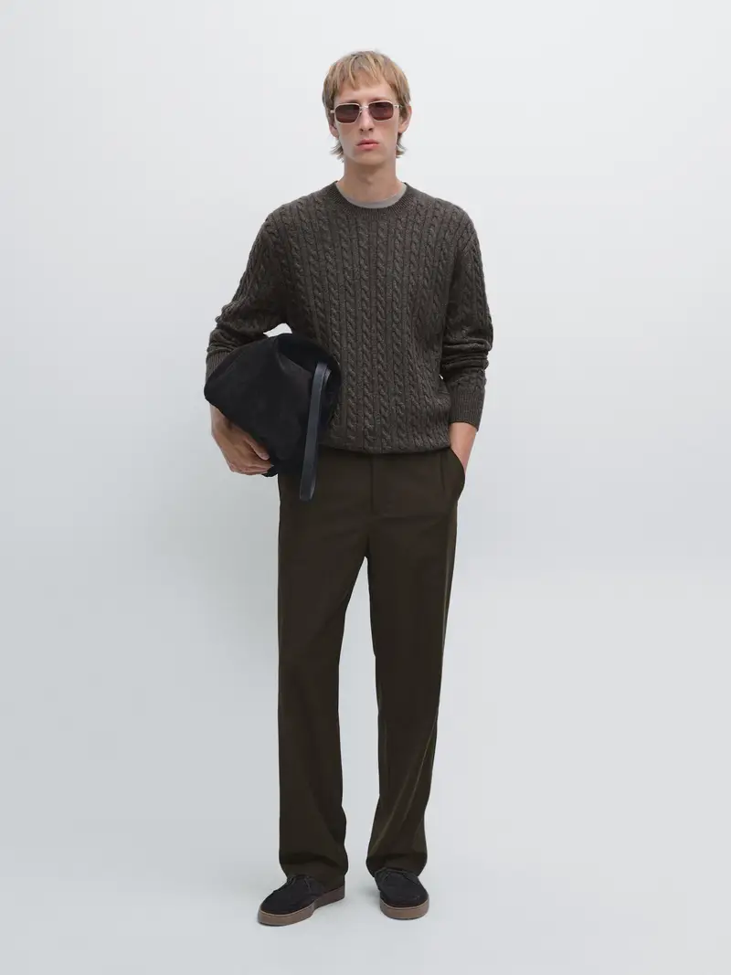 Pullover In Maglia Intrecciata Con Collo Rotondo - Marrone - - Massimo Dutti - Maschile