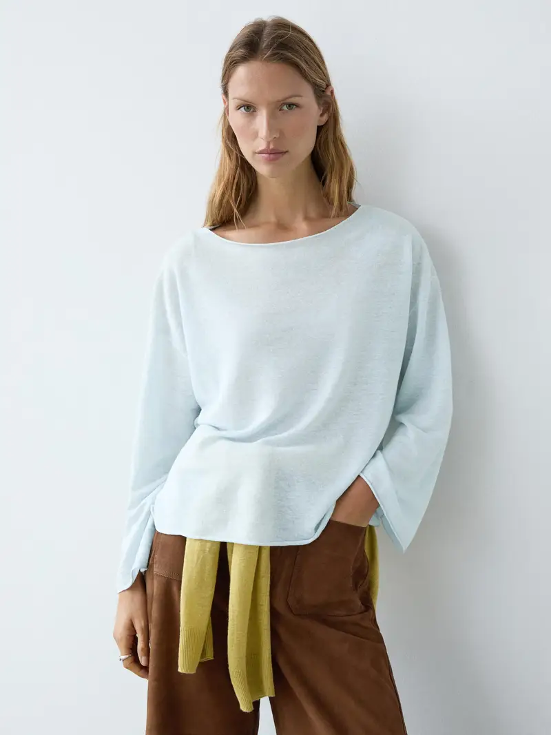 Pullover In Maglia Lino Con Scollo A Barchetta - Celeste - - Massimo Dutti - Femminile