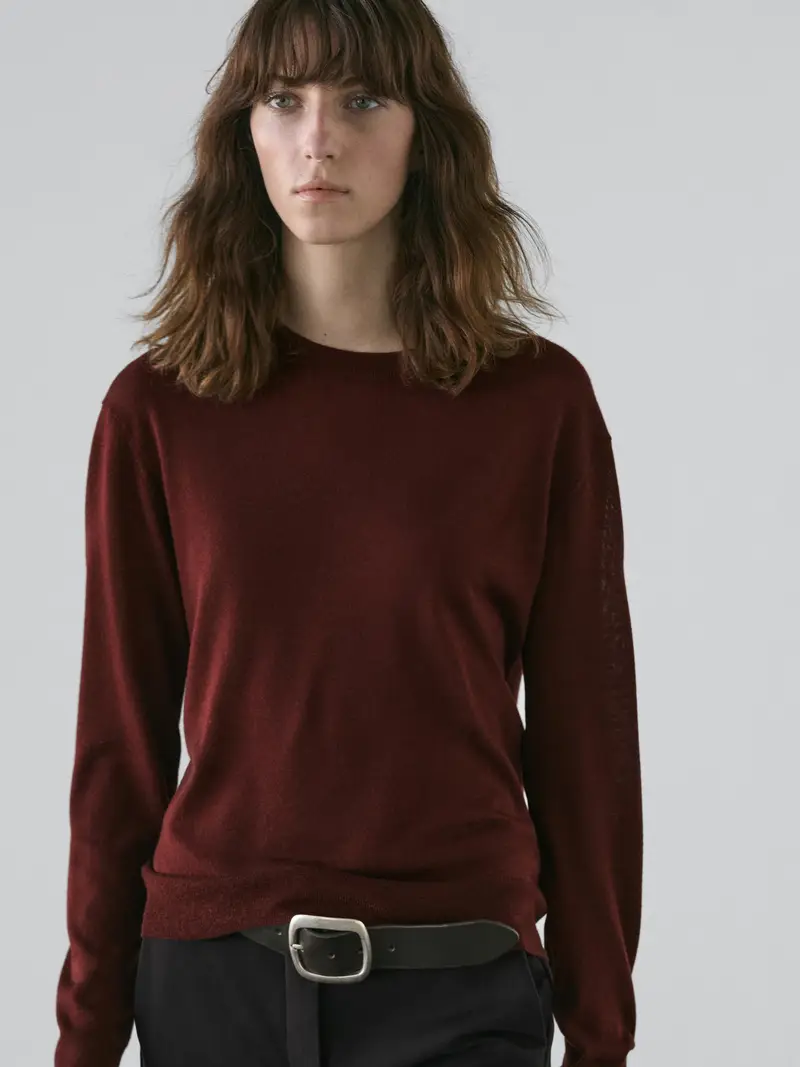 Pullover In Maglia Sottile Con Collo Rotondo 100% Lana - Granata - - Massimo Dutti - Femminile