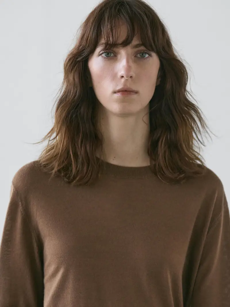 Pullover In Maglia Sottile Con Collo Rotondo 100% Lana - Marrone Toffee - - Massimo Dutti - Femminile