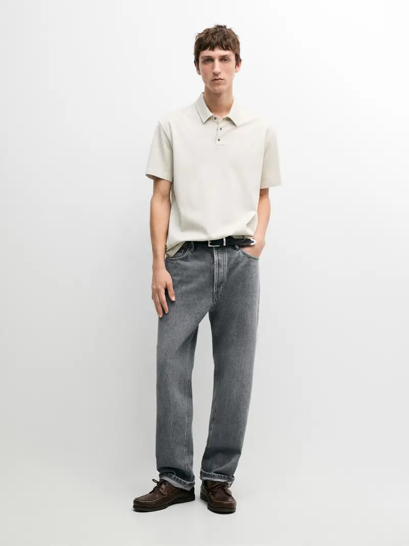 Short-Sleeved Polo Shirt, 100% Cotton - Pietra - - Massimo Dutti - Maschile