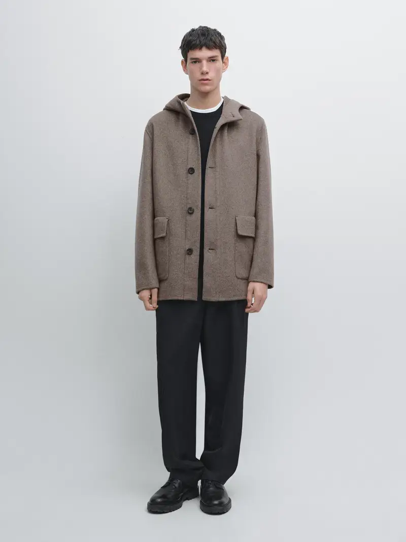 Short Wool Blend Coat With Hood - Sabbia - - Massimo Dutti - Maschile