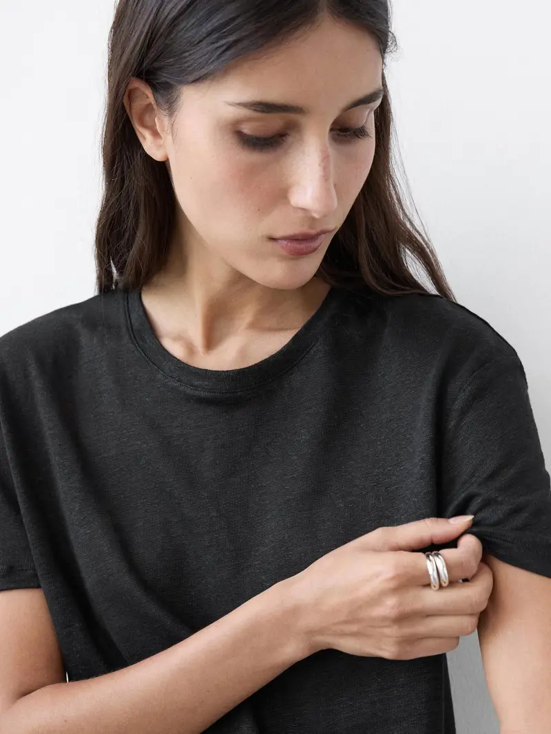 T-Shirt A Maniche Corte In Lino - Nero - - Massimo Dutti - Femminile