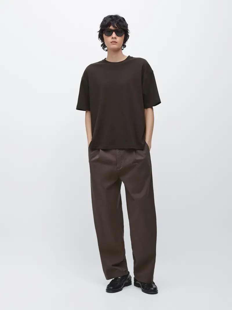 T-Shirt Boxy A Maniche Corte In Misto Cotone - Marrone - - Massimo Dutti - Maschile