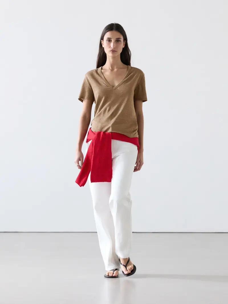 T-Shirt Con Scollo A V In Lino - Marrone Tostato - - Massimo Dutti - Femminile