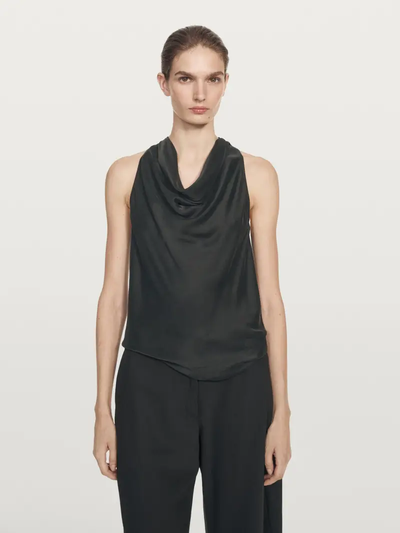 Top Con Allacciatura E Collo Drappeggiato In Misto Seta - Nero - - Massimo Dutti - Femminile