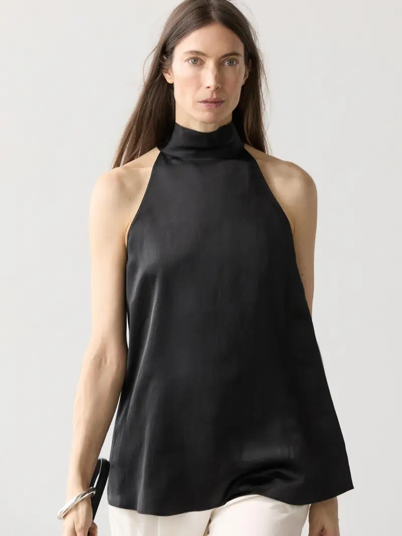 Top Halter Allacciato Satinato - Nero - - Massimo Dutti - Femminile