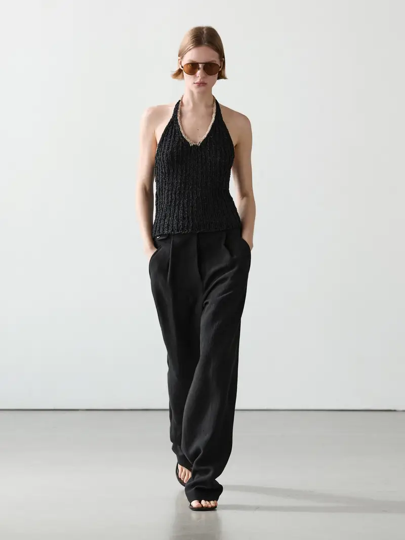 Top In Maglia Grossa Halter A Contrasto - Nero - - Massimo Dutti - Femminile