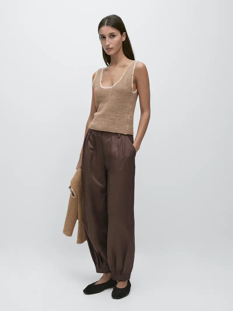 Top In Maglia Misto Cotone Con Contrasto - Cammello - - Massimo Dutti - Femminile