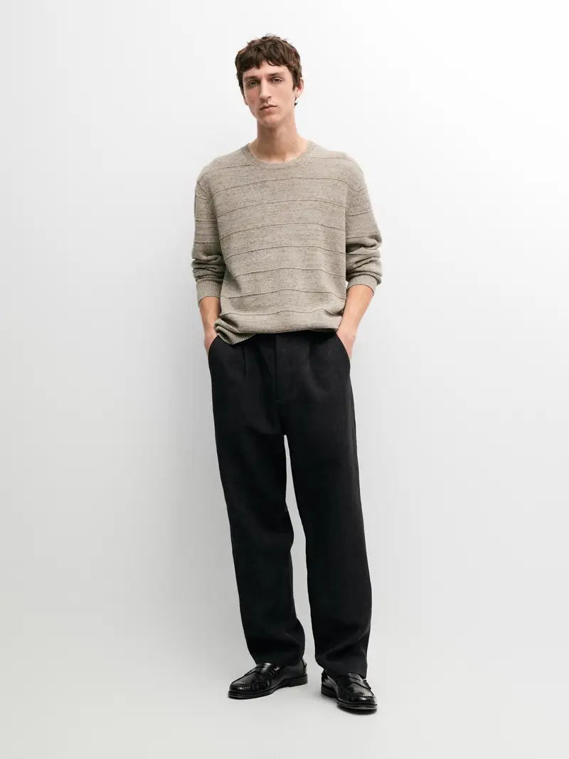 Total Linen Look Pleated Trousers - Azzurro Oscuro - - Massimo Dutti - Maschile