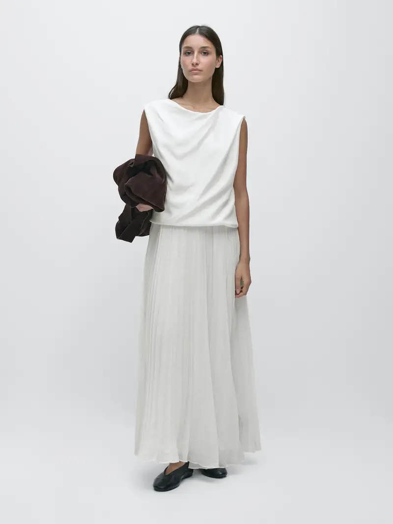 Vestito Lungo Combinato Con Dettaglio Plissettato - Bianco Roto - - Massimo Dutti - Femminile