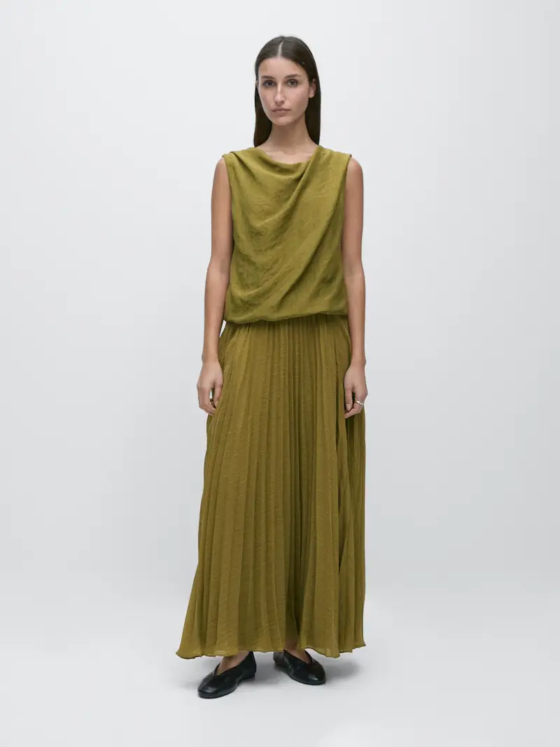 Vestito Lungo Combinato Con Dettaglio Plissettato - Verde - - Massimo Dutti - Femminile