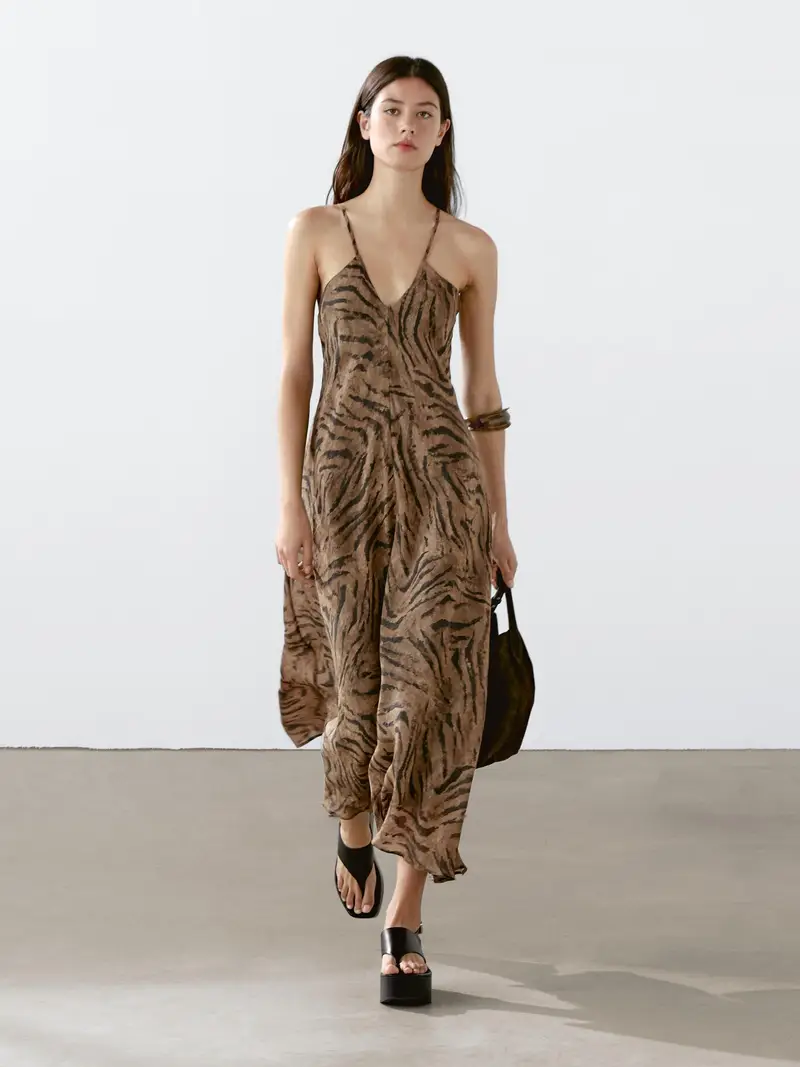 Vestito Lungo Con Stampa Animalier In Misto Ramiè - Cioccolato - - Massimo Dutti - Femminile