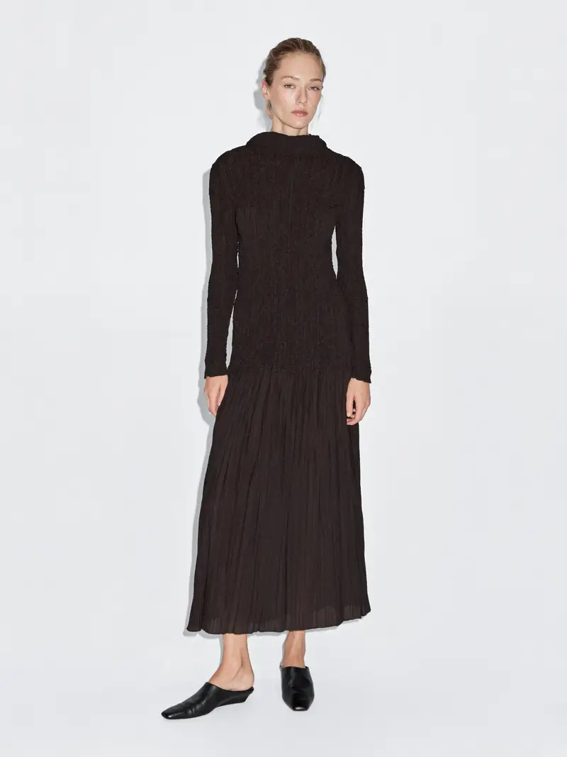 Vestito Lungo Plissettato Stretch - Marrone - - Massimo Dutti - Femminile