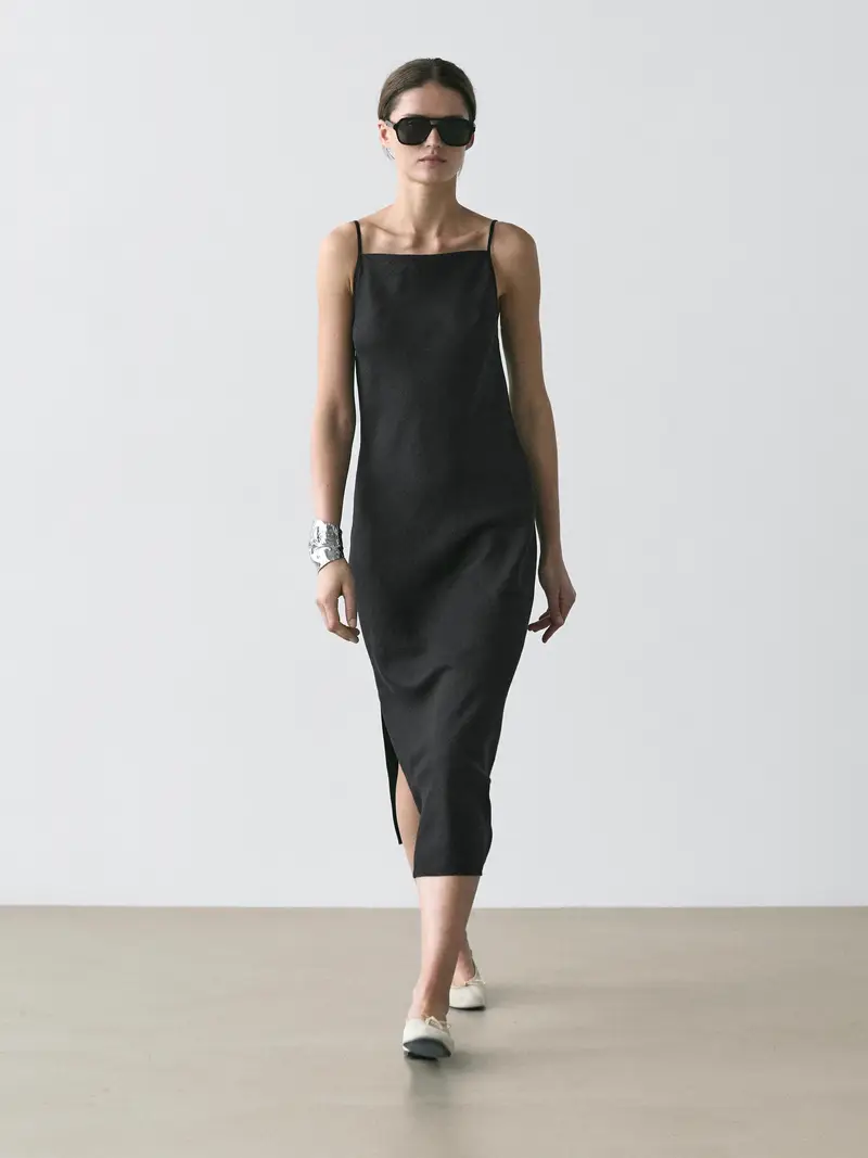 Vestito Midi 100% Lino - Nero - - Massimo Dutti - Femminile