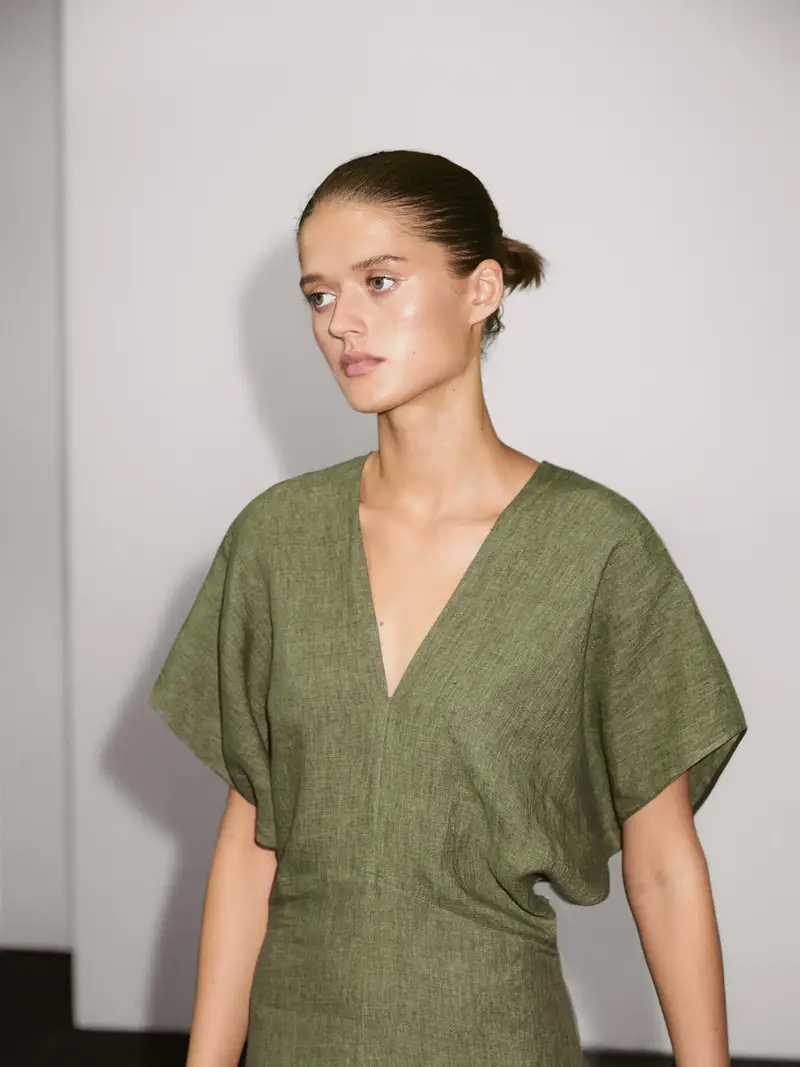 Vestito Midi A Maniche Corte In Lino - Verde - (It 38) - Massimo Dutti - Femminile