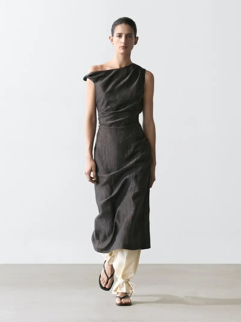 Vestito Midi Con Dettaglio Piega Sulla Spalla - Grigio Scuro - (It 46) - Massimo Dutti - Femminile