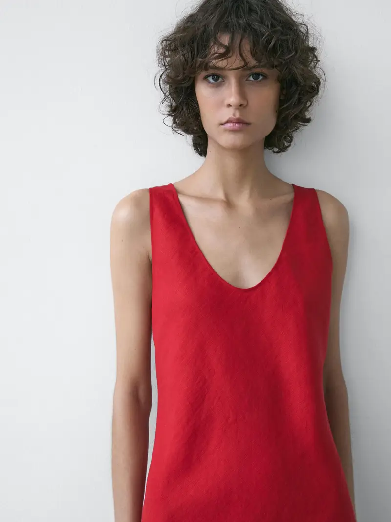 Vestito Midi Con Spalline In Lino - Rosso - - Massimo Dutti - Femminile