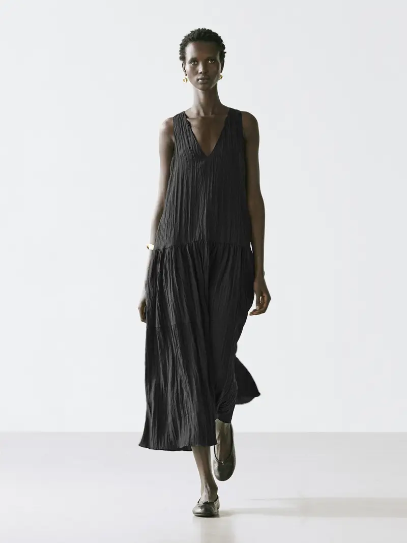 Vestito Midi Fluido Plissettato - Nero - - Massimo Dutti - Femminile