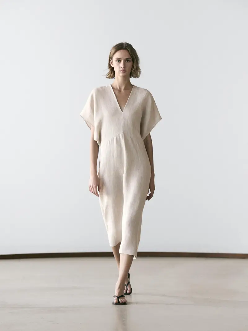 Vestito Midi Leggero A Maniche Corte In Lino - Ecru - (It 44) - Massimo Dutti - Femminile