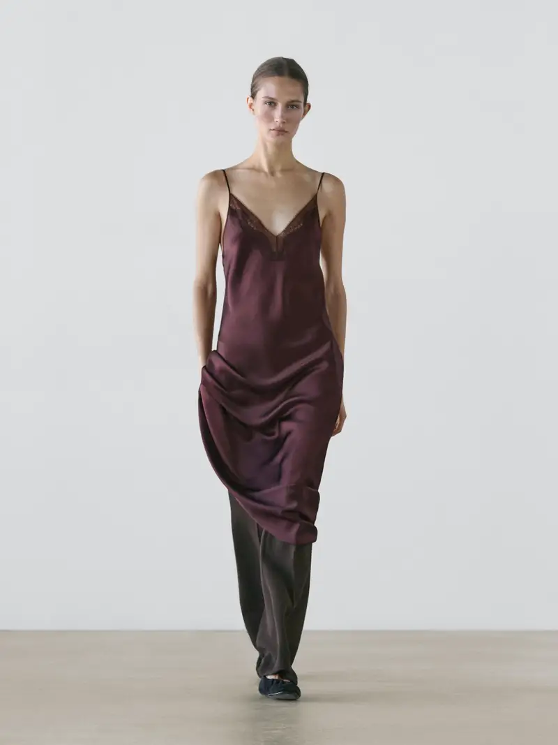 Vestito Midi Morbido Lingerie - Bordeaux - - Massimo Dutti - Femminile