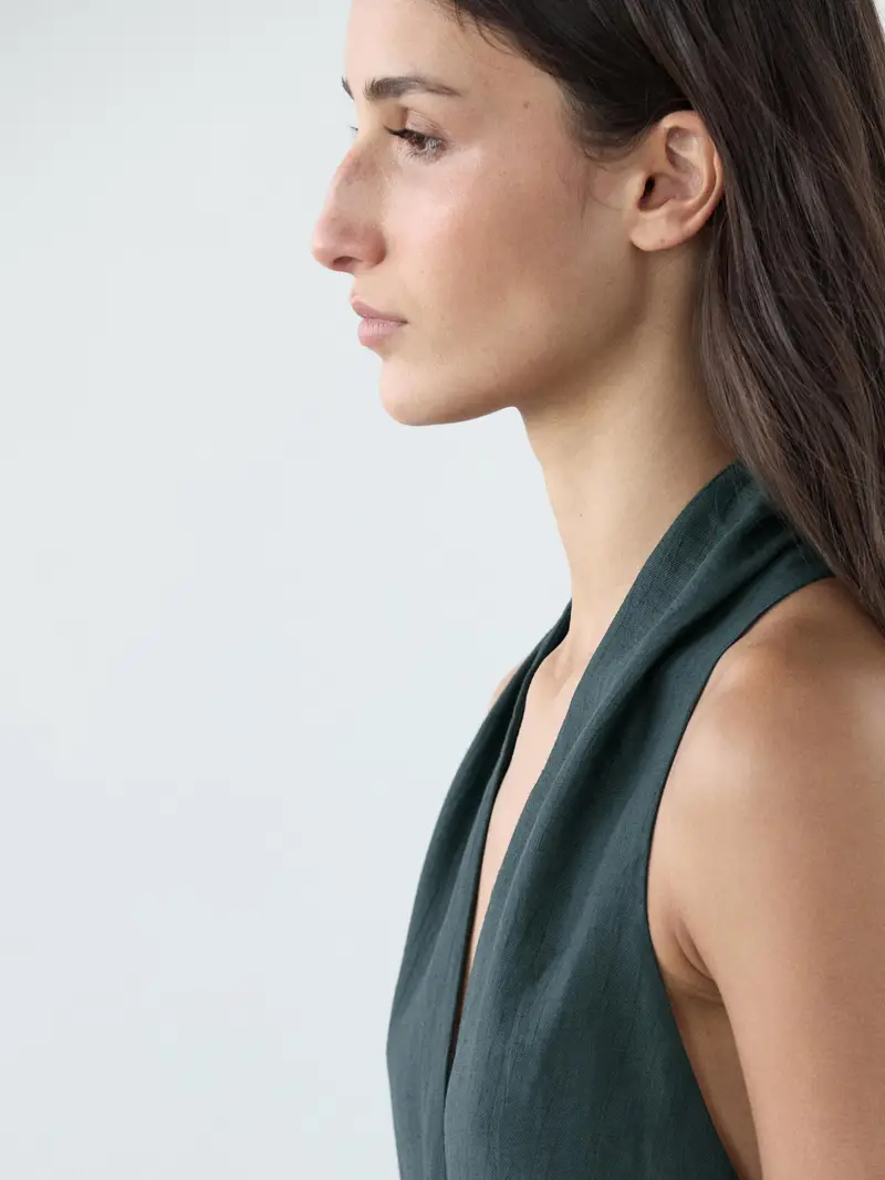 Vestito Midi Scollo A V Con Lino - Blu Scuro - (It 46) - Massimo Dutti - Femminile