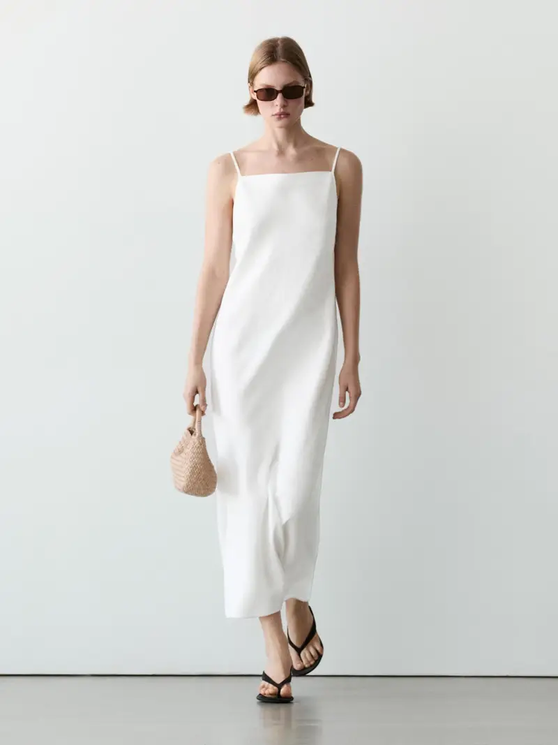 Vestito Midi Scollo Dritto In Lino - Bianco - - Massimo Dutti - Femminile