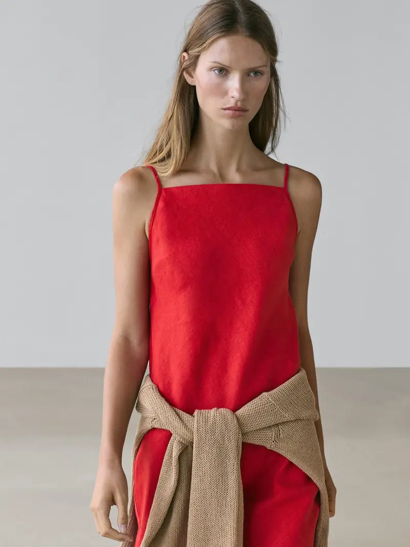 Vestito Midi Scollo Dritto In Lino - Rosso - - Massimo Dutti - Femminile