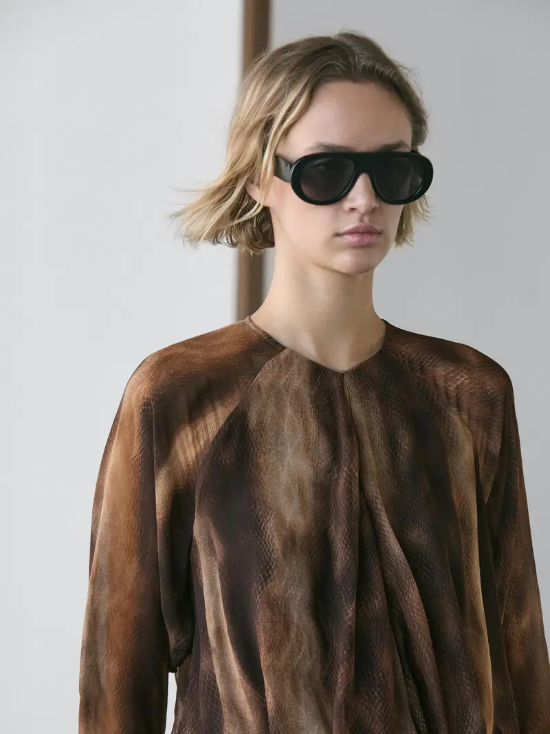Massimo Dutti Vestito Donna Morbido con Stampa Animalier Marrone
