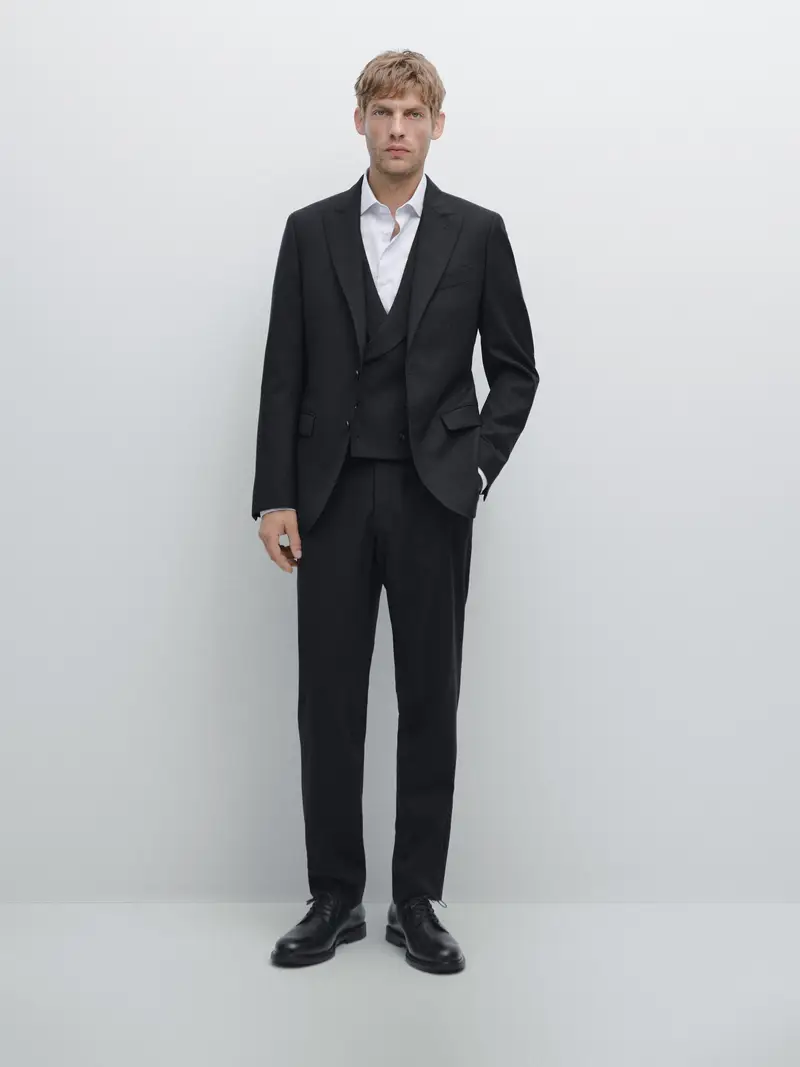 Wool Blend Suit Waistcoat - Blu Marino - - Massimo Dutti - Male