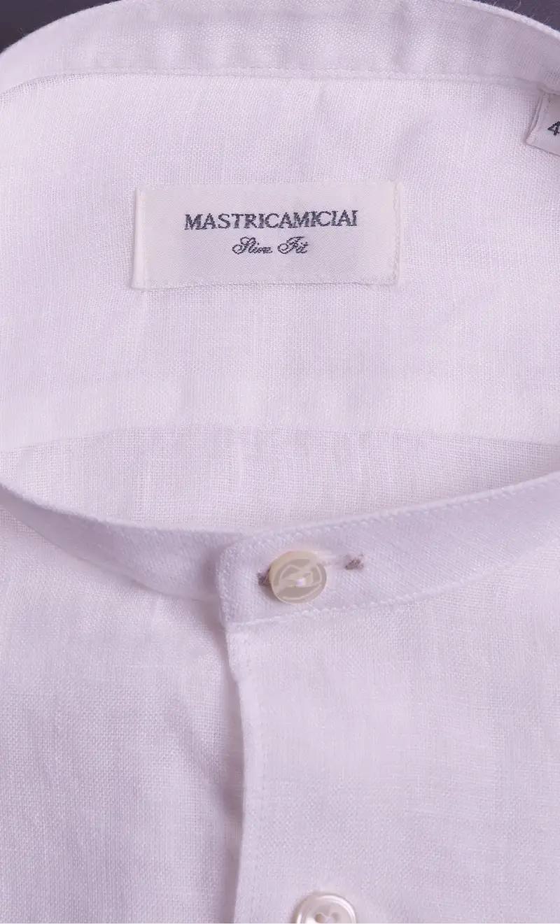 Camicia coreana mastricamiciai in lino collo guru, colore bianco miniatura 2
