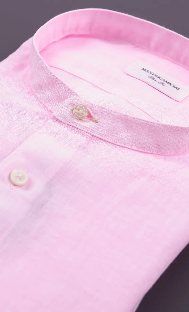 Camicia coreana mastricamiciai in lino collo guru, colore rosa miniatura 2