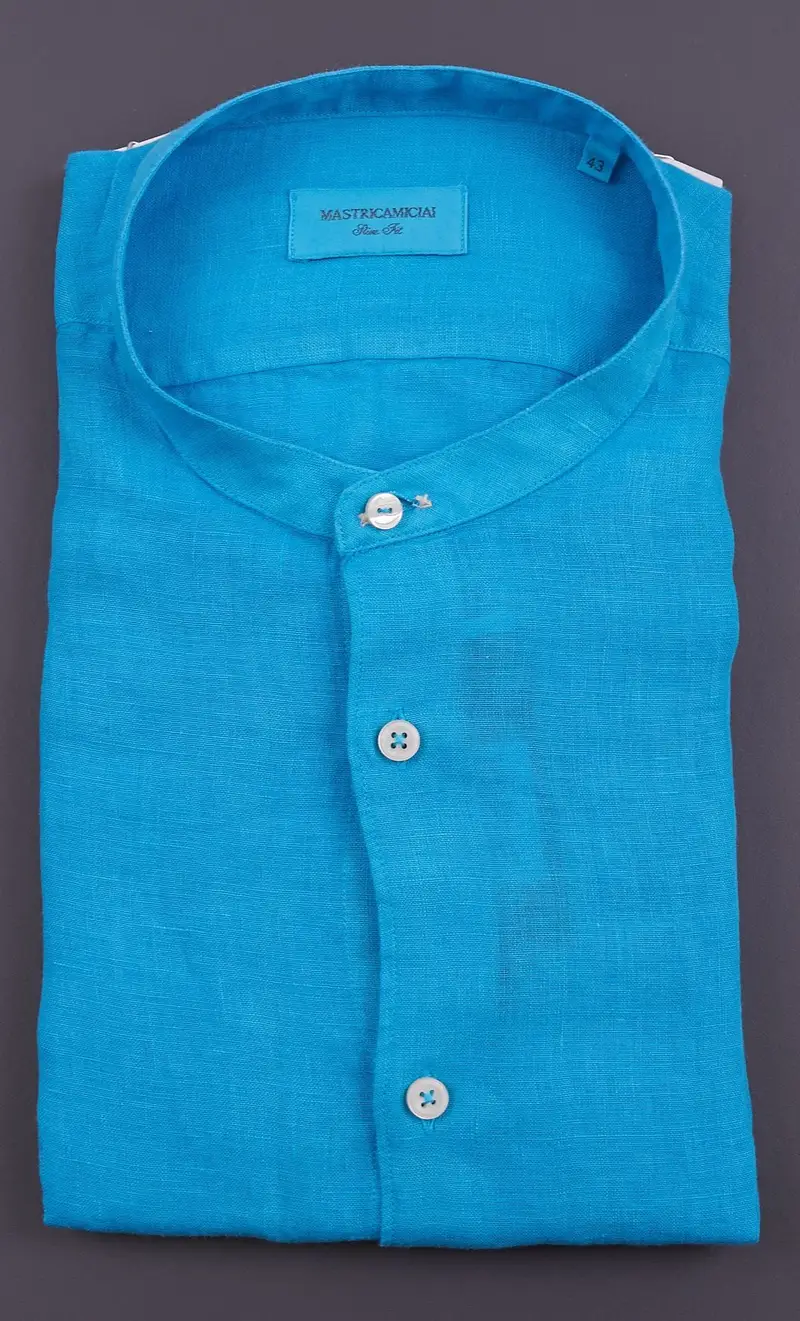 Camicia coreana mastricamiciai in lino collo guru, colore turchese