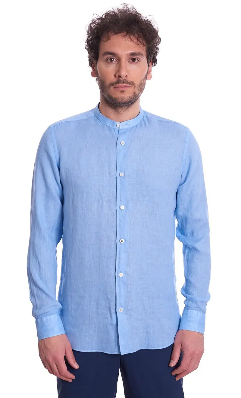 Camicia coreana mastricamiciai in puro lino, colore azzurro